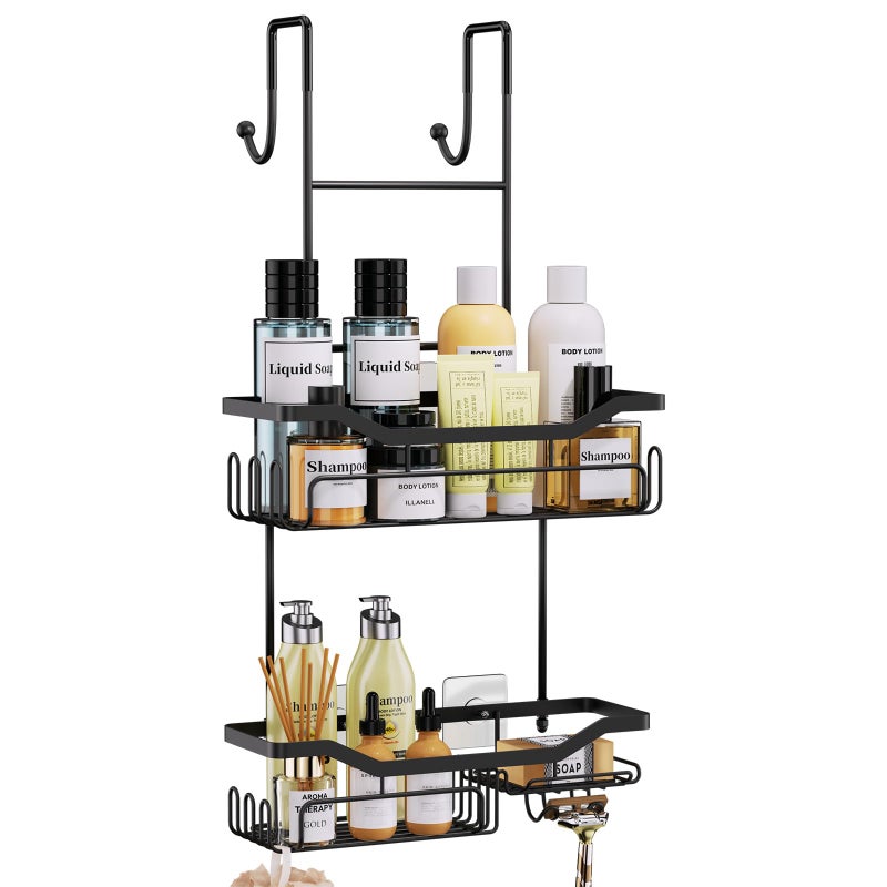 HapiRm Hanging Shower Caddy Over the Door with Soap Holder, No Drilling Adhesive Shower Organizer with 11 Hooks, Rustproof & Waterproof 304 Stainless Steel Bathroom Shelves - Black - Image 1